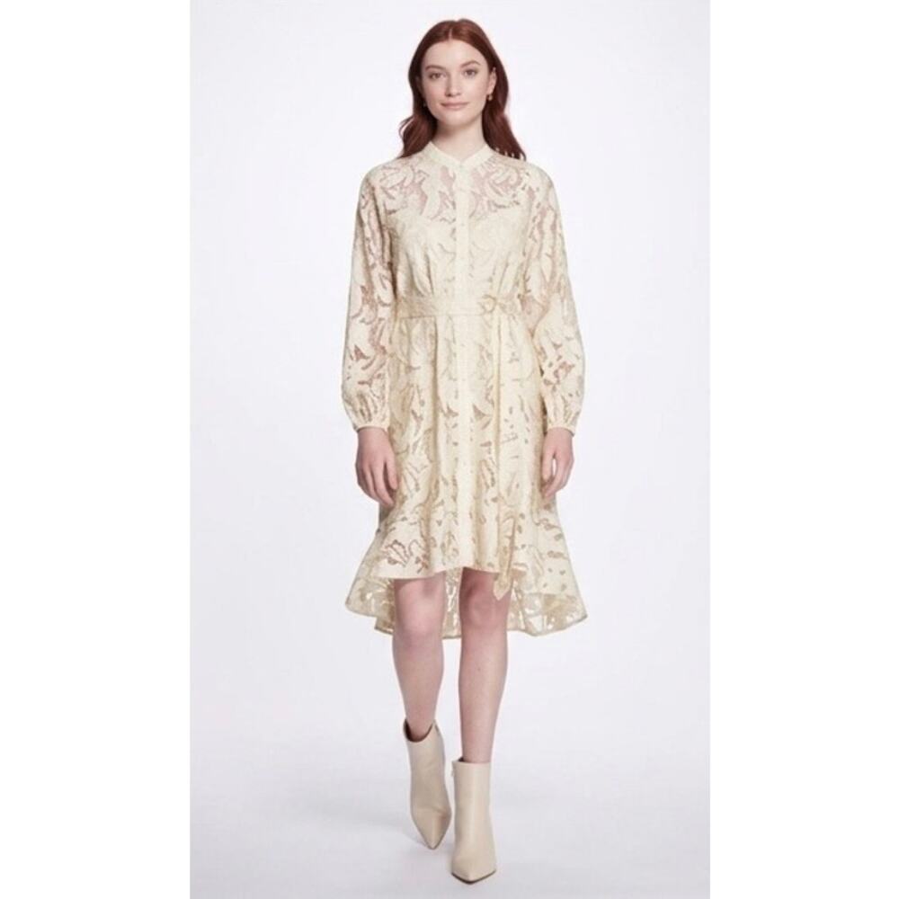 Marchesa Notte Lace Shirt Dress Cream Long Sleeves Belted Waist Lined